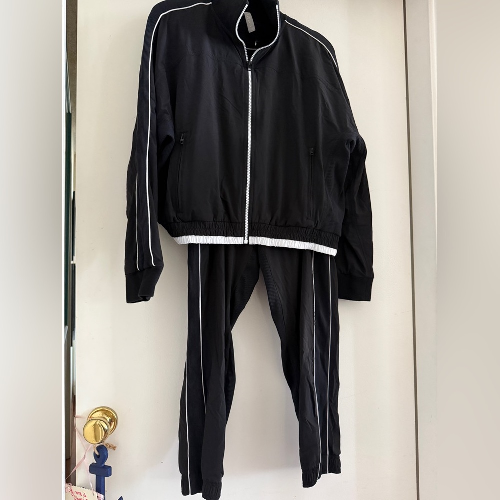 Athleta Black Track Suit with White Stripes medium petite